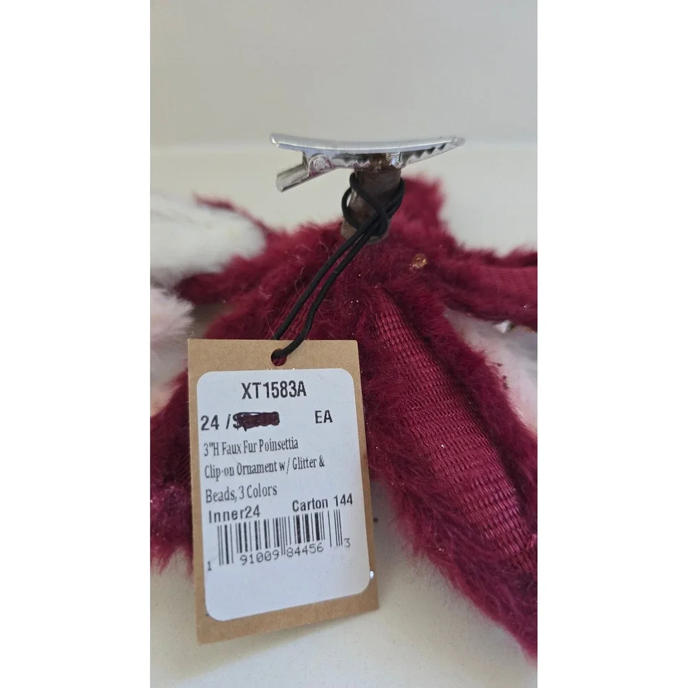 New Creative Co-Op Faux Fur Poinsettia Clip-on Ornaments Set of 3 Gold Pink
